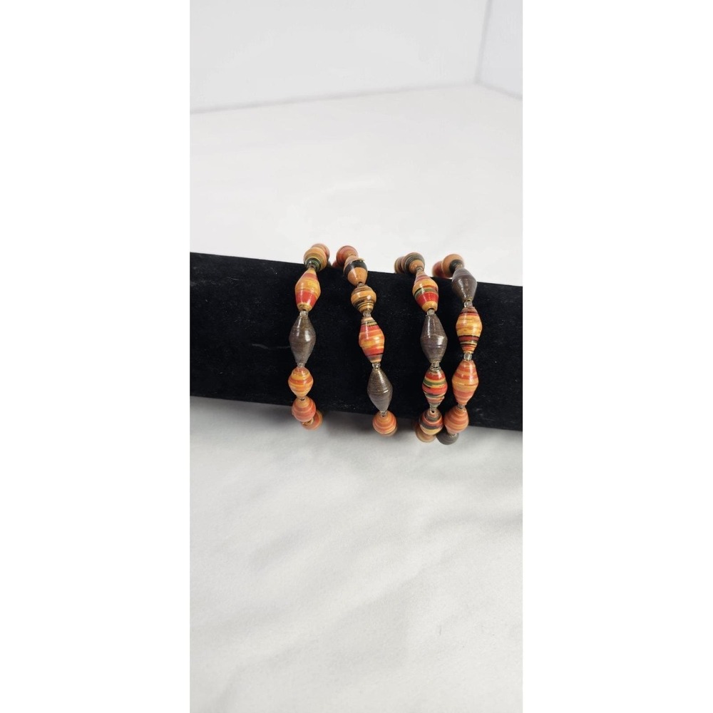 Vintage Handmade Paper Bead Necklace & Bracelet Set Boho Hippie Orange Brown 42" - Picture 5 of 6